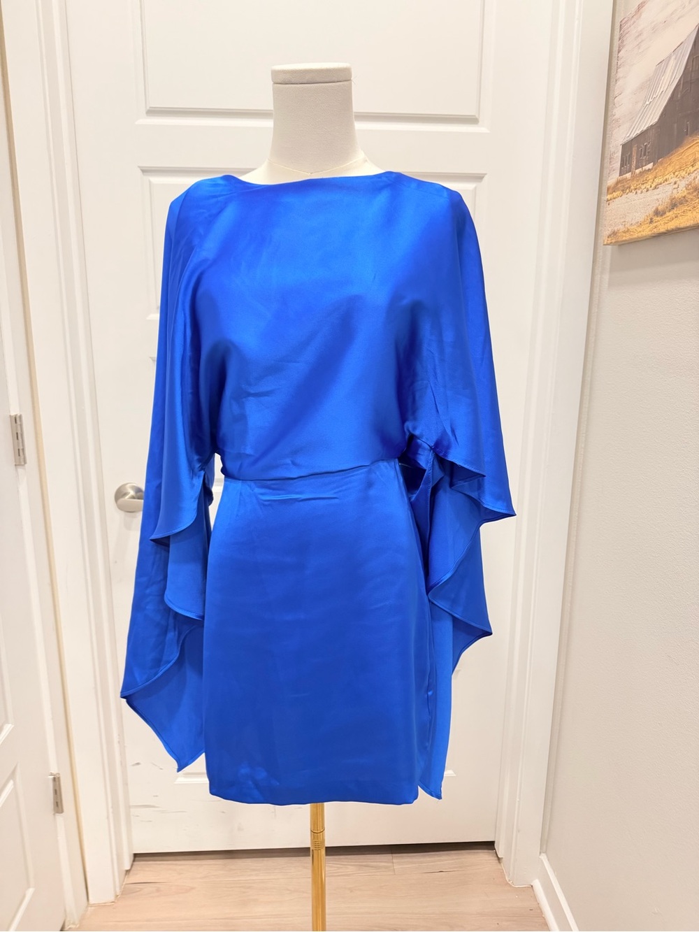 Zara Royal Blue Satin Cape-Sleeve Dress NWT - Picture 2 of 11